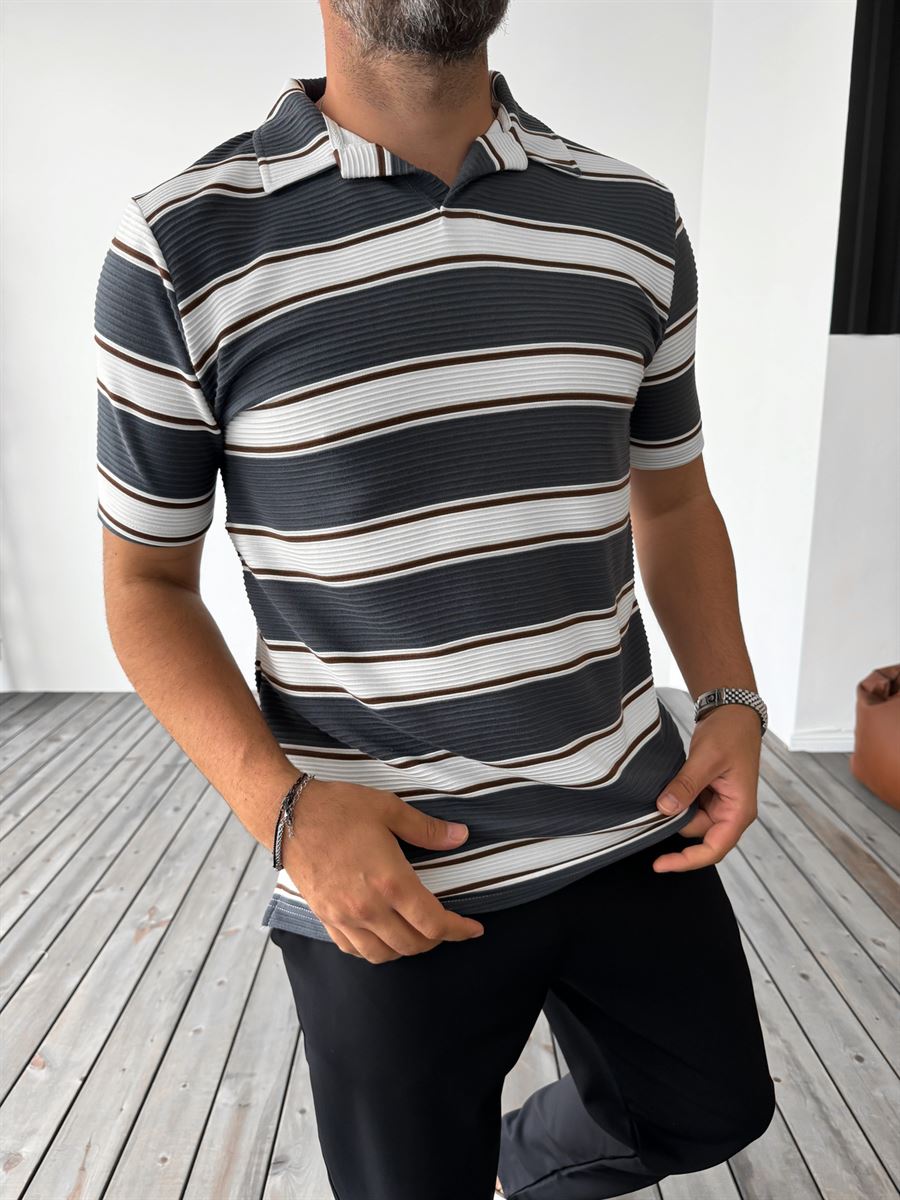 Striped Embossed Polo Neck T-Shirt