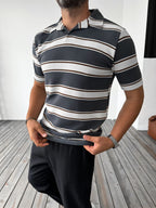 Striped Embossed Polo Neck T-Shirt