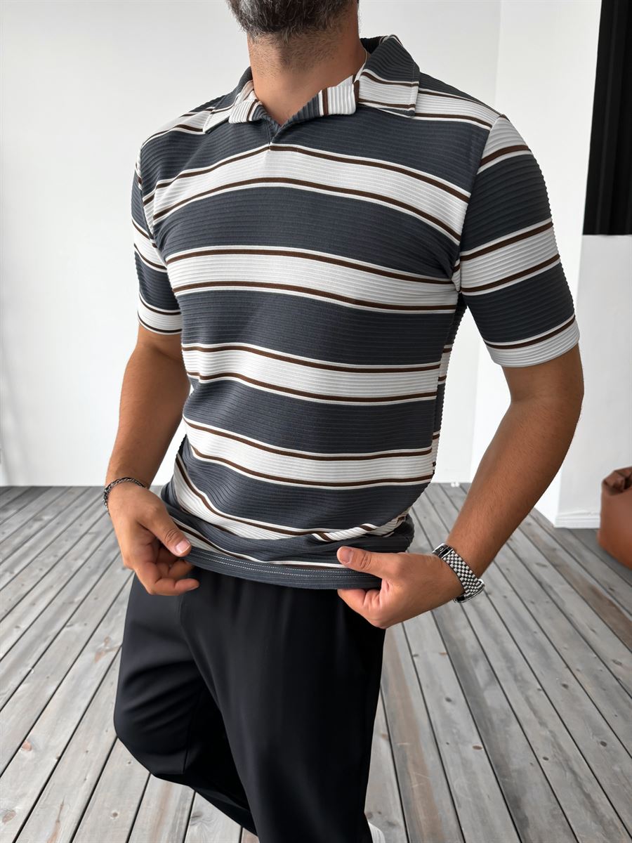 Striped Embossed Polo Neck T-Shirt