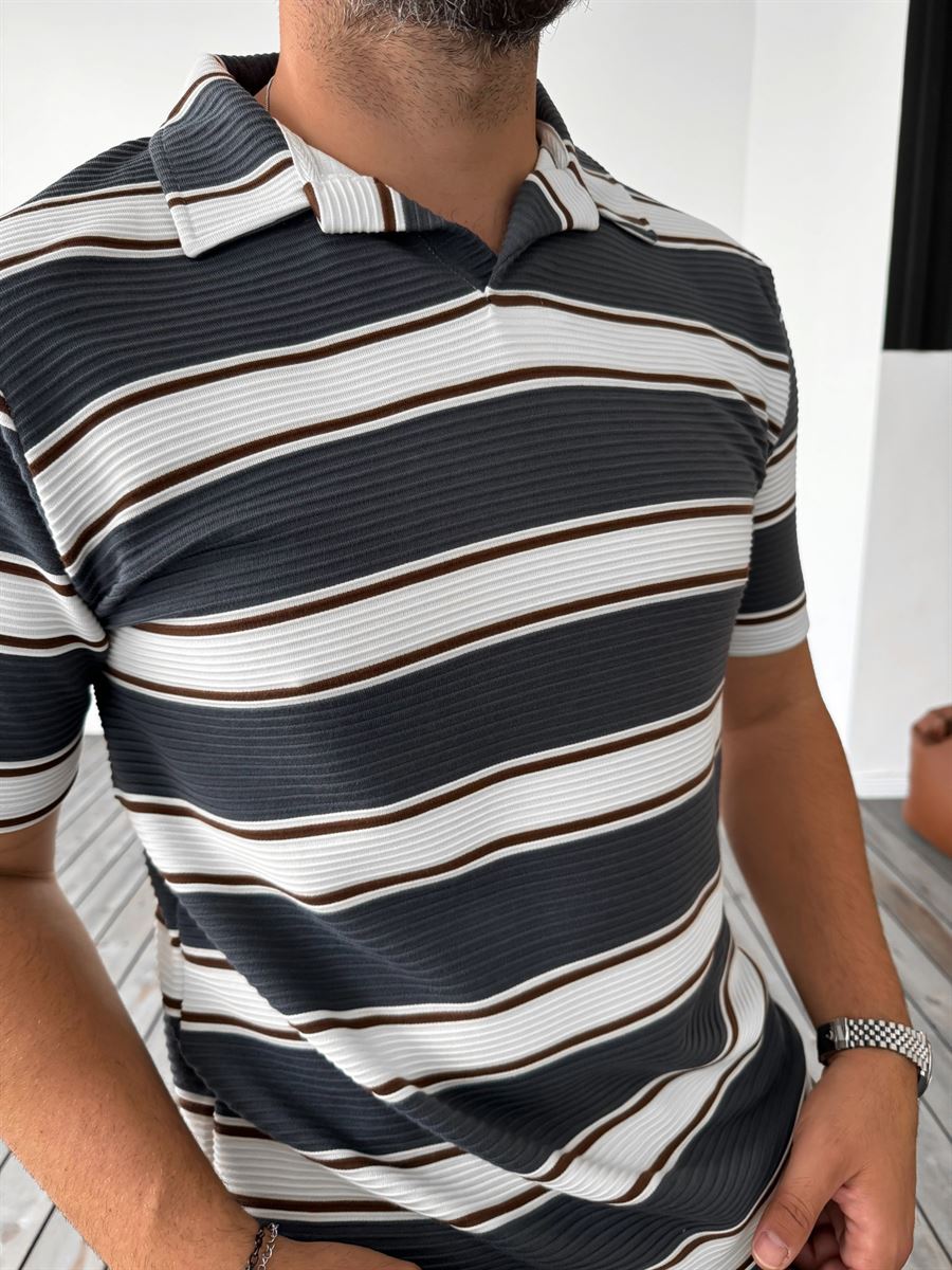 Striped Embossed Polo Neck T-Shirt