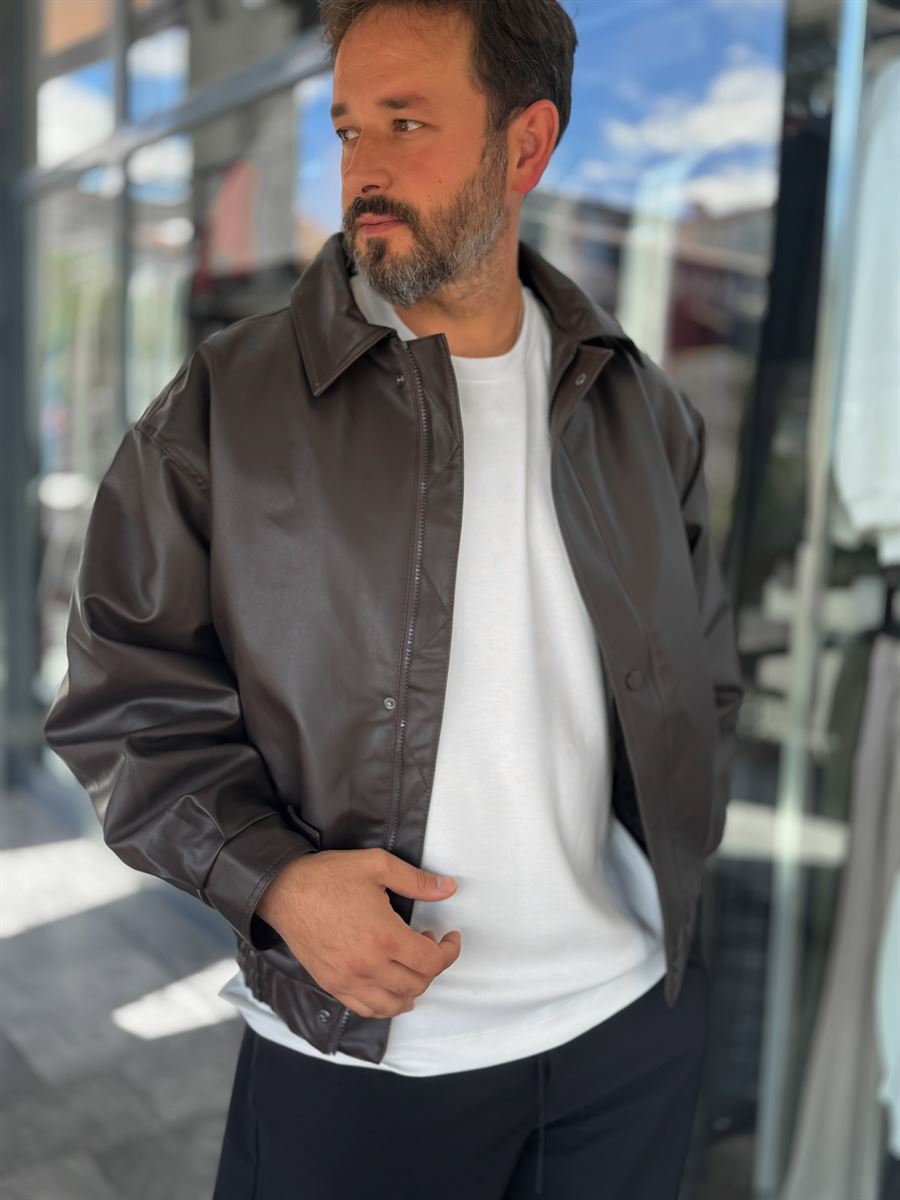 Brown Button Detail Leather Bomber Jacket DF-3398/3343