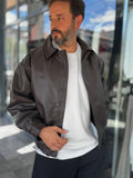 Brown Button Detail Leather Bomber Jacket DF-3398/3343