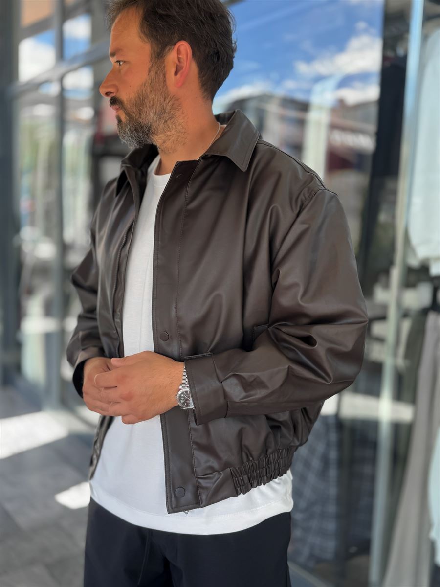 Brown Button Detail Leather Bomber Jacket DF-3398/3343