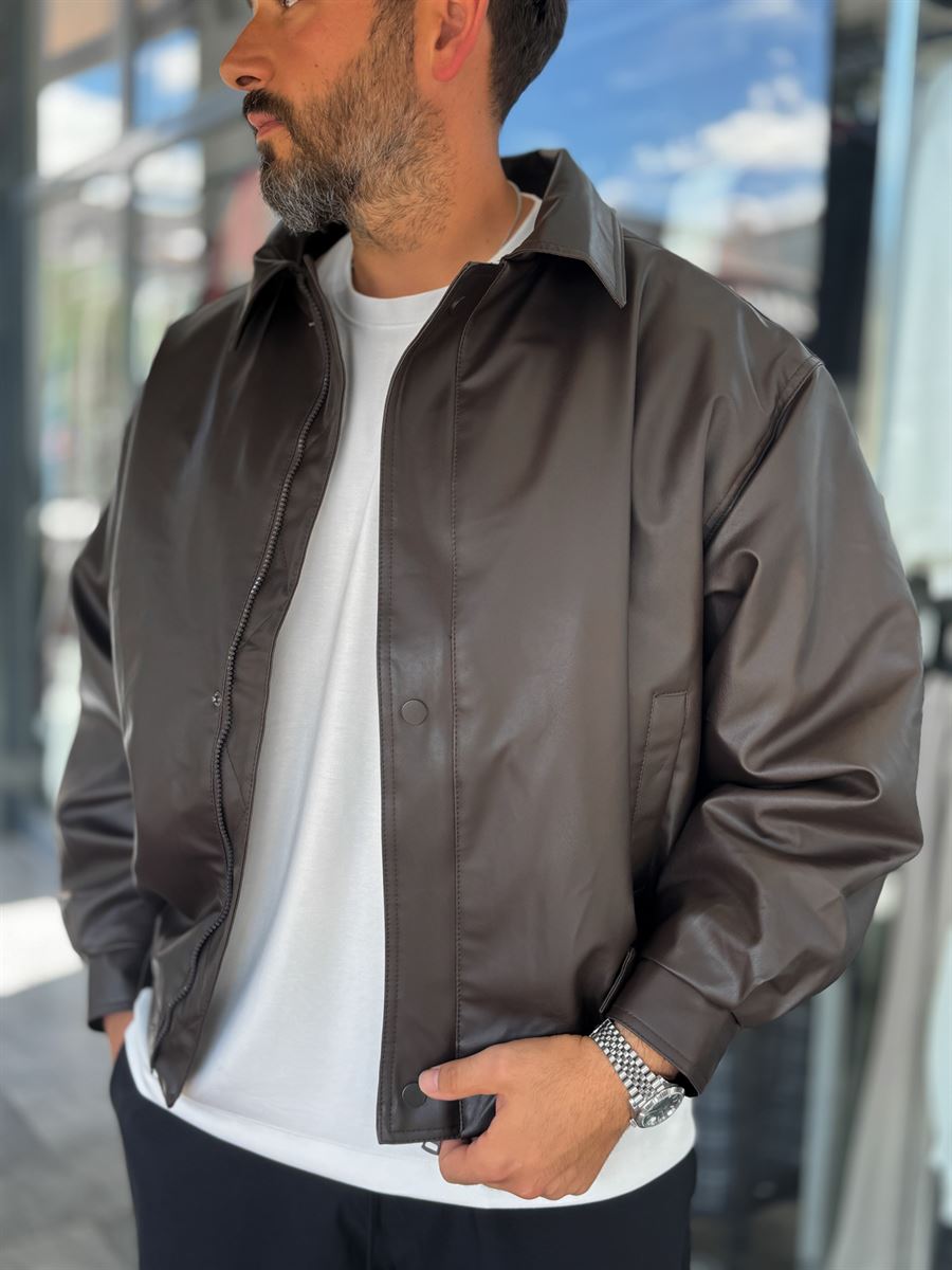 Brown Button Detail Leather Bomber Jacket DF-3398/3343