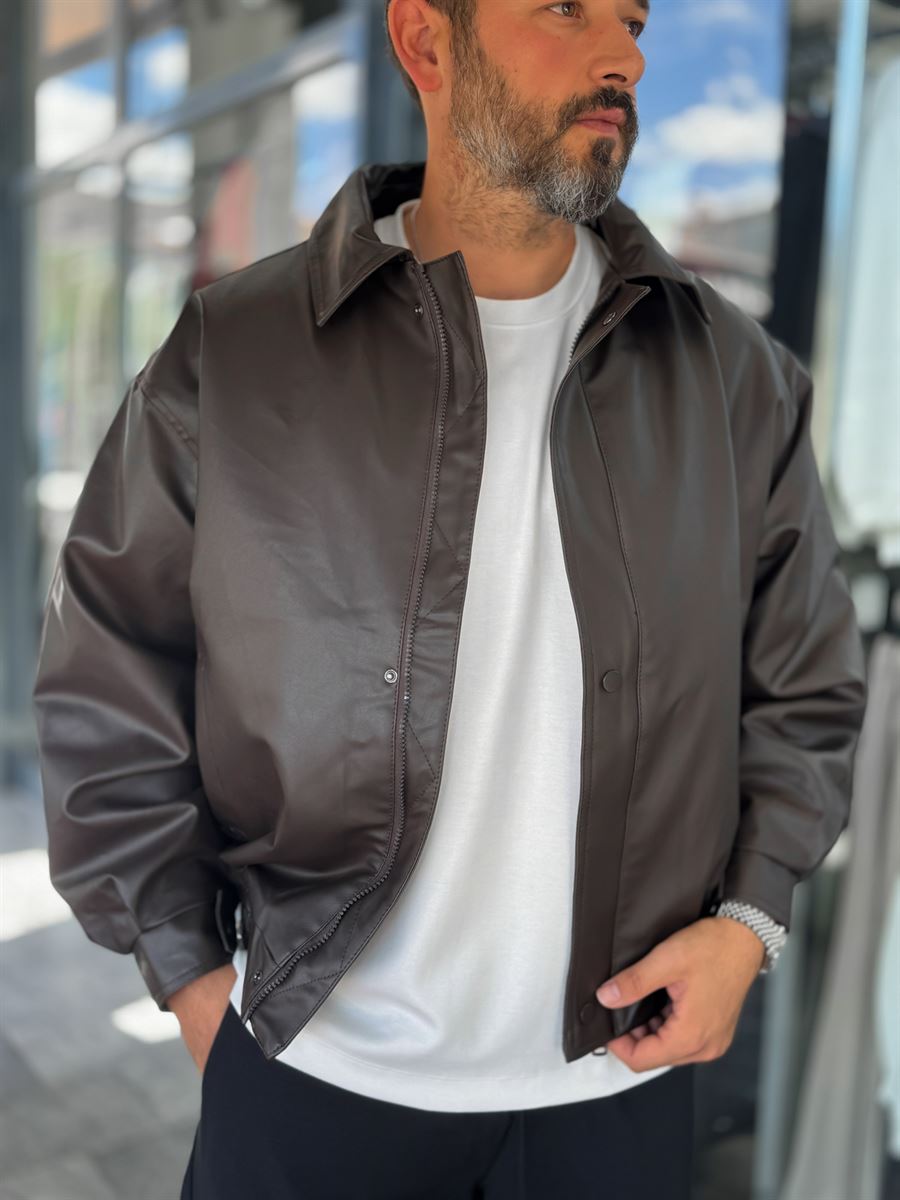 Brown Button Detail Leather Bomber Jacket DF-3398/3343