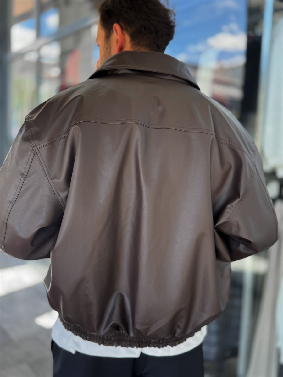 Brown Button Detail Leather Bomber Jacket DF-3398/3343