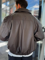 Brown Button Detail Leather Bomber Jacket DF-3398/3343