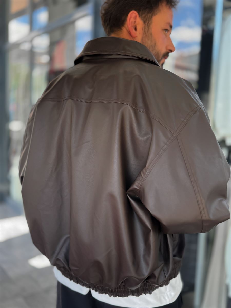 Brown Button Detail Leather Bomber Jacket DF-3398/3343