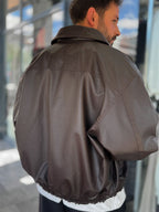 Brown Button Detail Leather Bomber Jacket DF-3398/3343