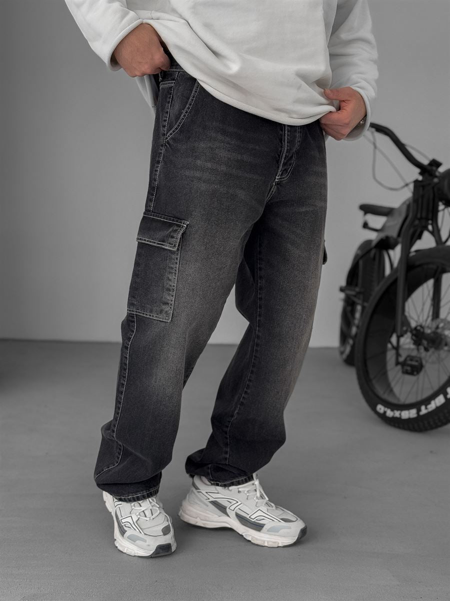 Washed Cargo Pants with Stitching