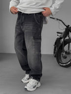 Washed Cargo Pants with Stitching