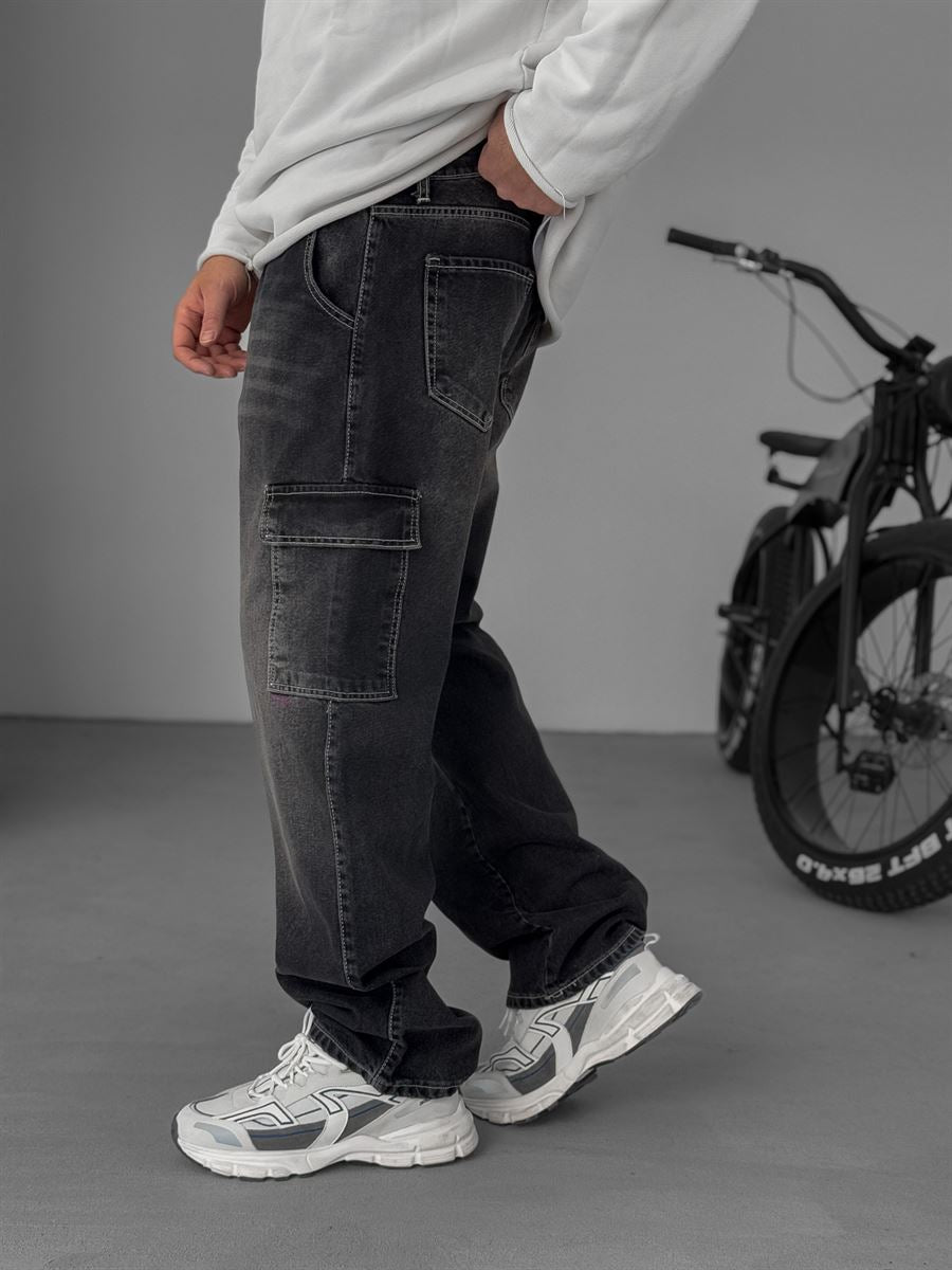 Washed Cargo Pants with Stitching