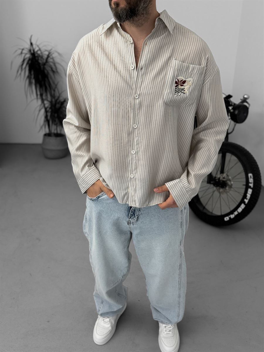 Striped Shirt with Pocket Embroidery