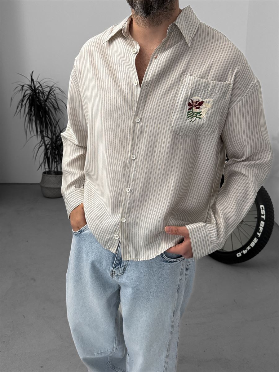 Striped Shirt with Pocket Embroidery