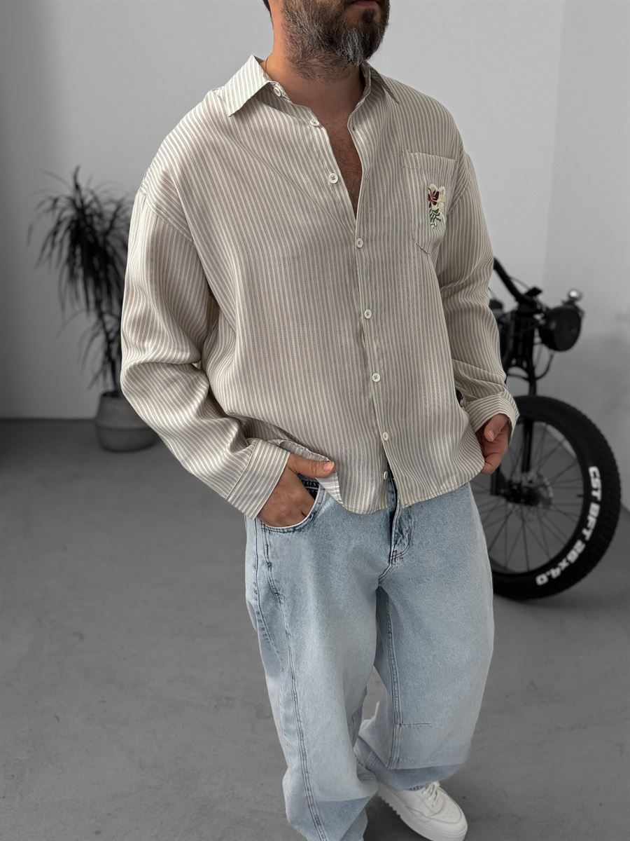 Striped Shirt with Pocket Embroidery