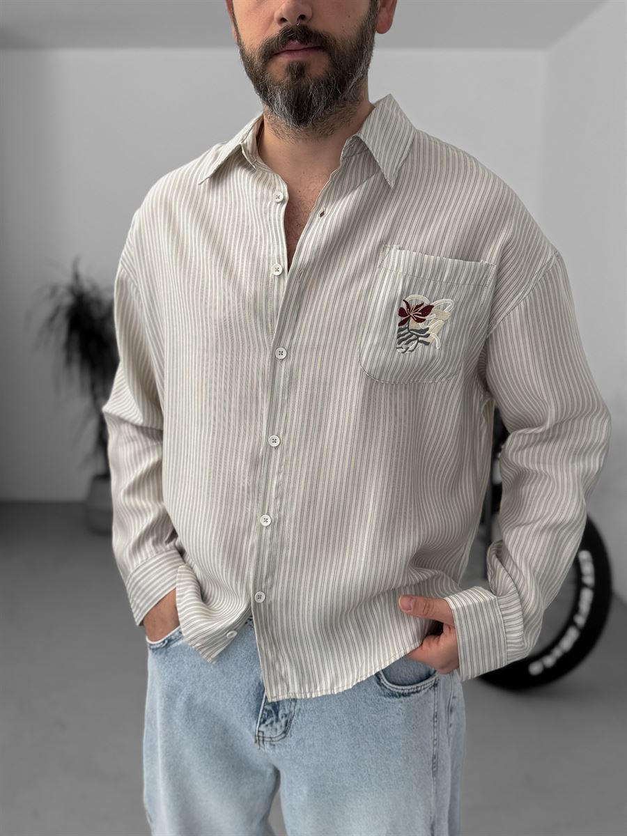 Striped Shirt with Pocket Embroidery