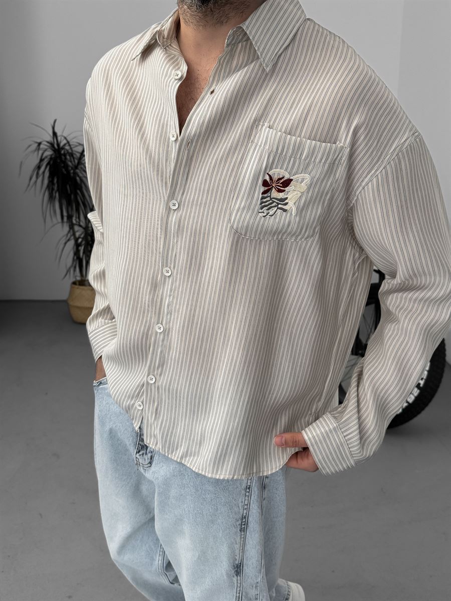 Striped Shirt with Pocket Embroidery