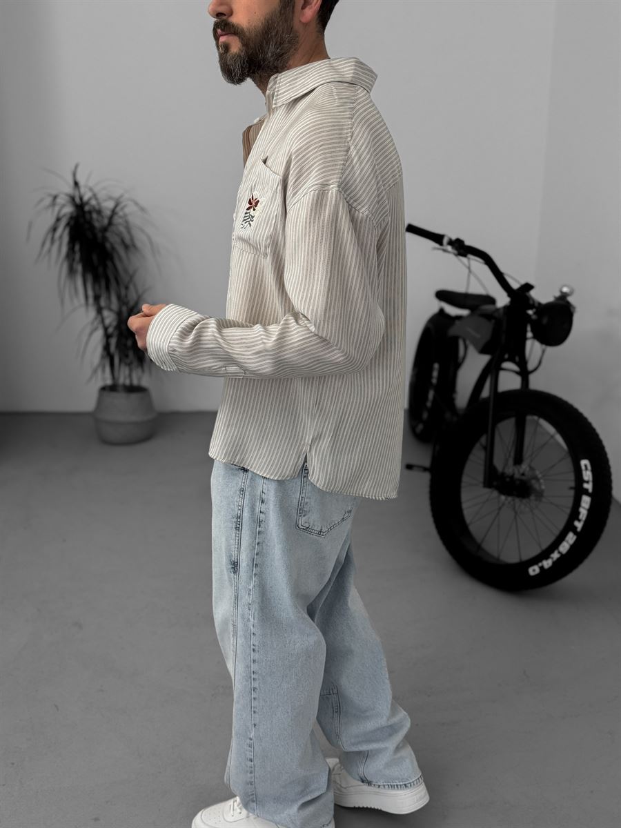Striped Shirt with Pocket Embroidery