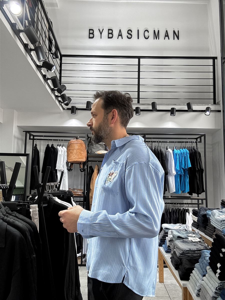 Striped Shirt with Pocket Embroidery