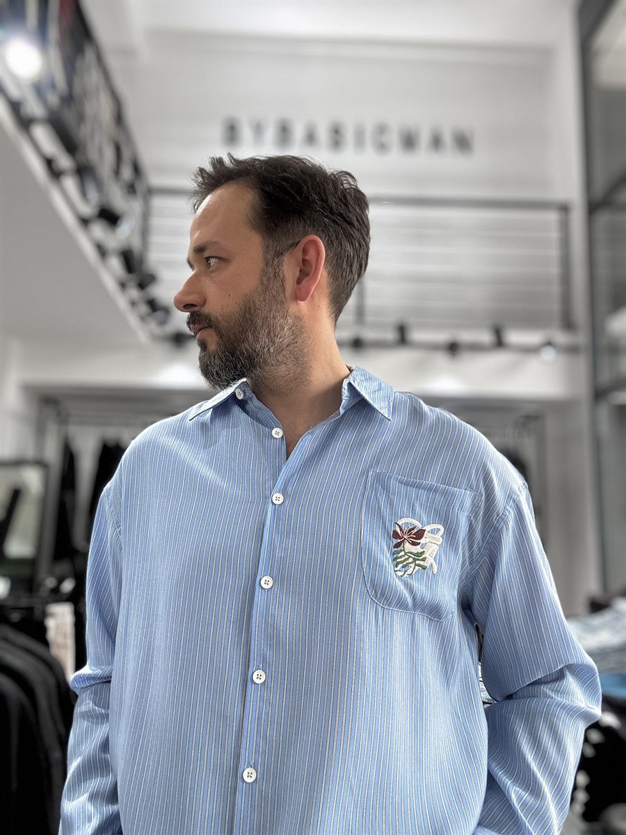 Striped Shirt with Pocket Embroidery