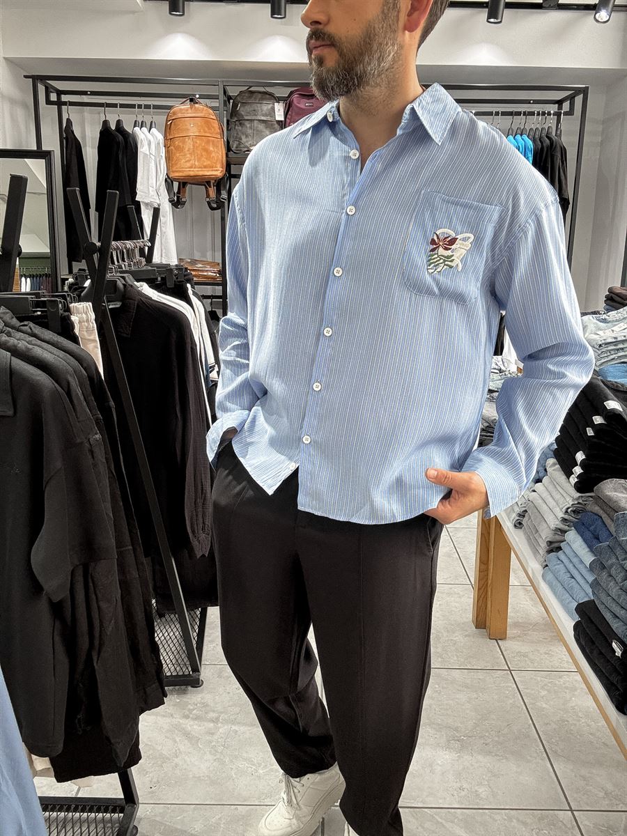 Striped Shirt with Pocket Embroidery