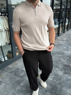 Half-Zip Ribbed Polo Neck T-Shirt