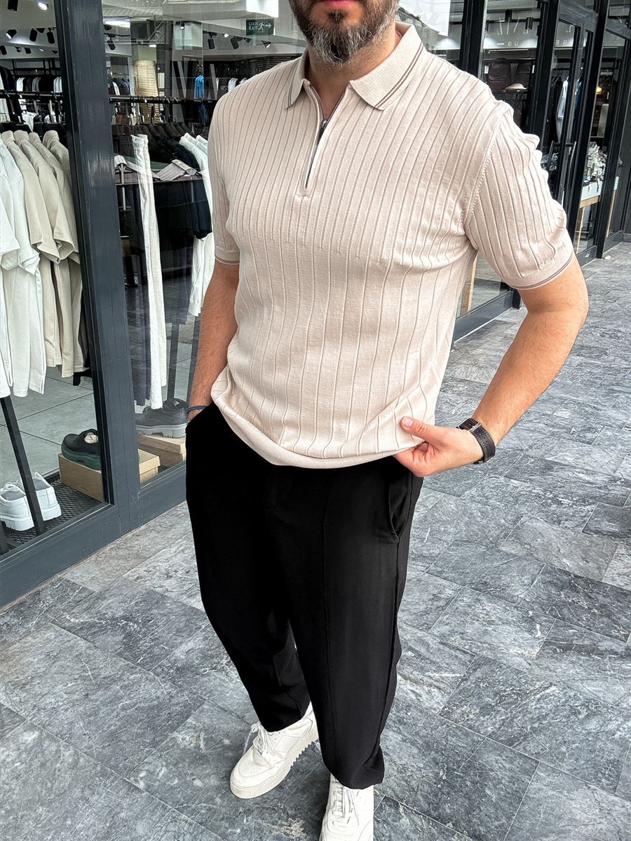 Half-Zip Ribbed Polo Neck T-Shirt