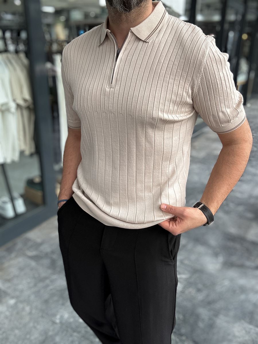 Half-Zip Ribbed Polo Neck T-Shirt