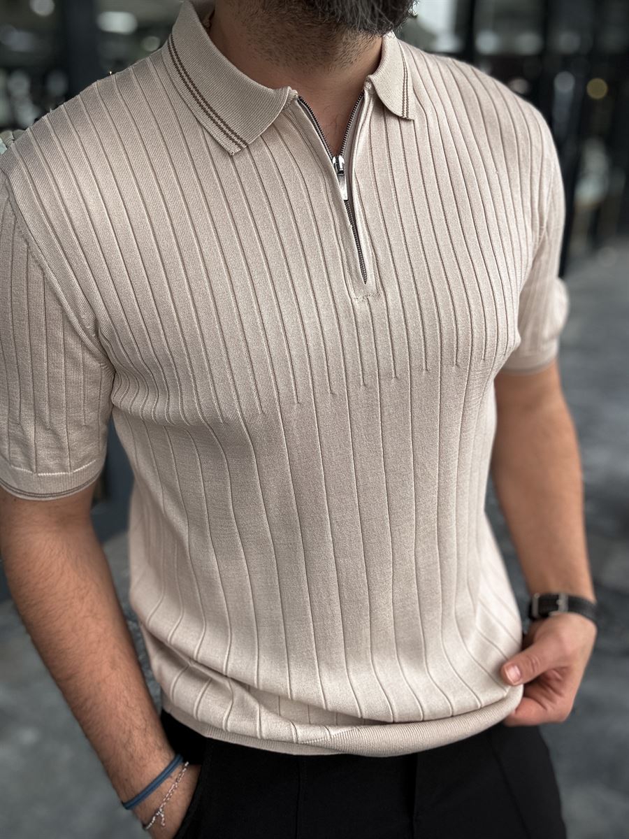 Half-Zip Ribbed Polo Neck T-Shirt