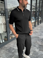 Half-Zip Ribbed Polo Neck T-Shirt