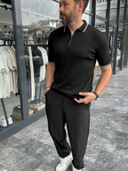 Half-Zip Ribbed Polo Neck T-Shirt