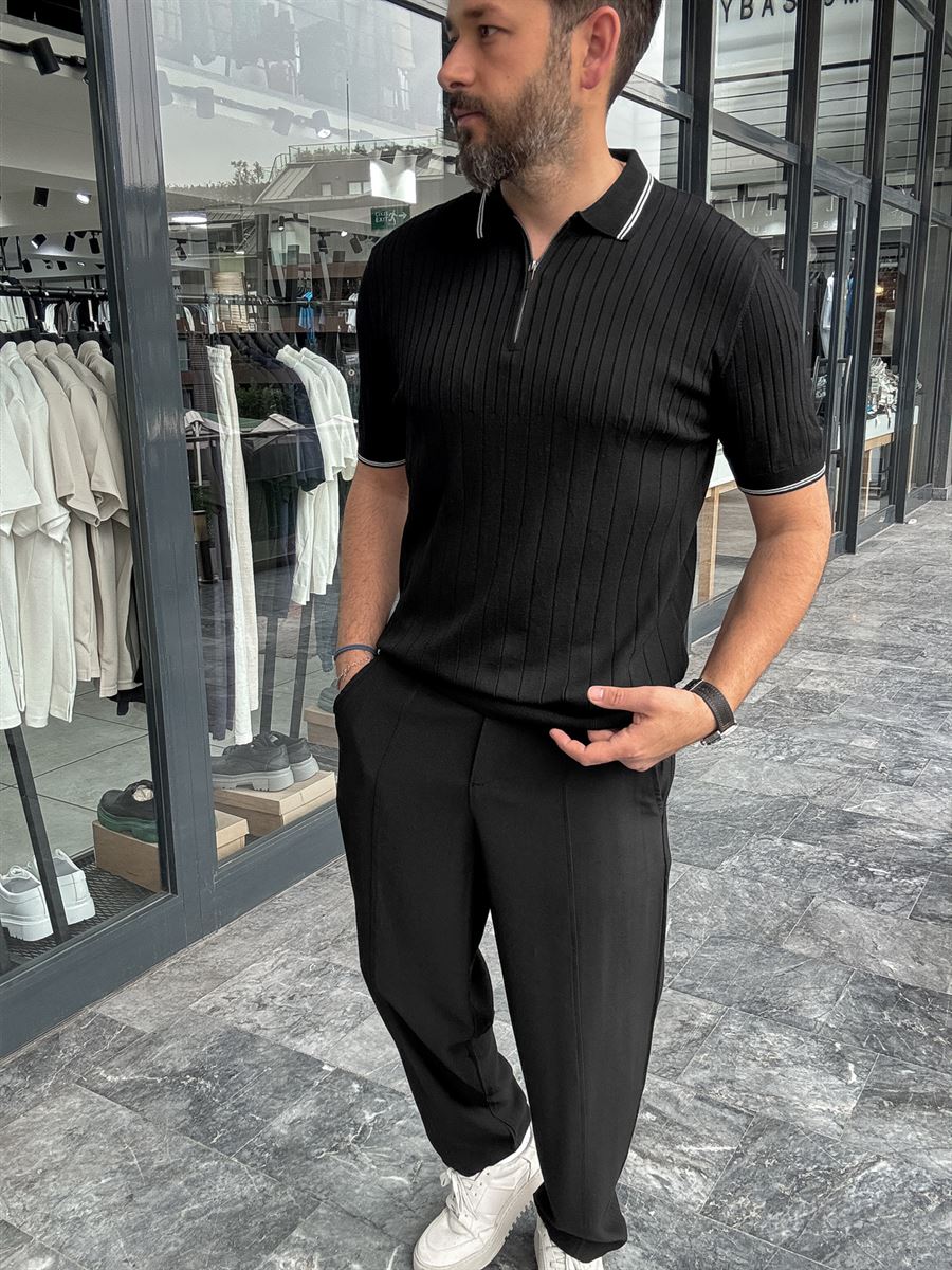 Half-Zip Ribbed Polo Neck T-Shirt