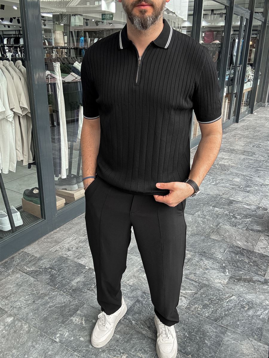 Half-Zip Ribbed Polo Neck T-Shirt