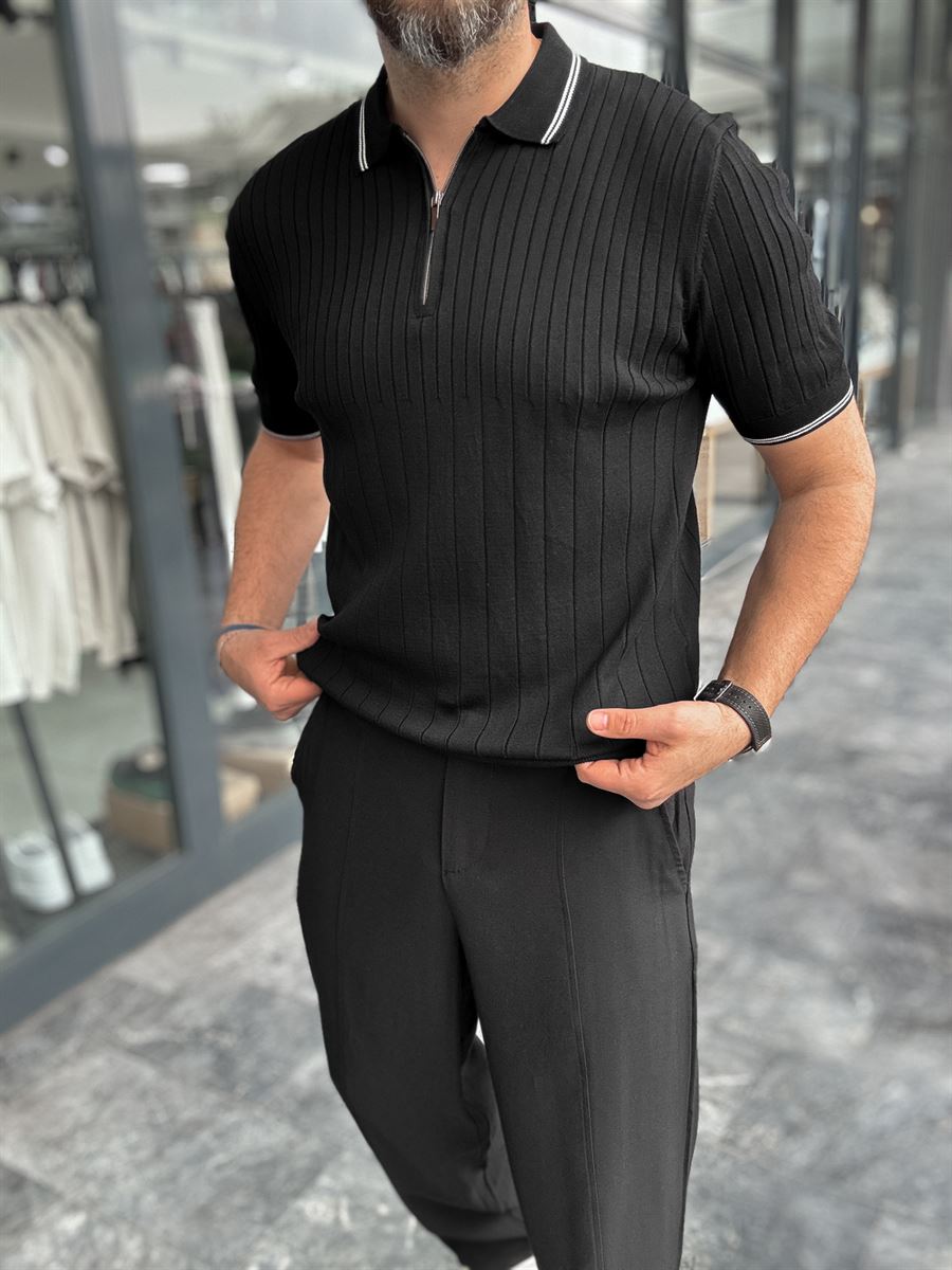 Half-Zip Ribbed Polo Neck T-Shirt