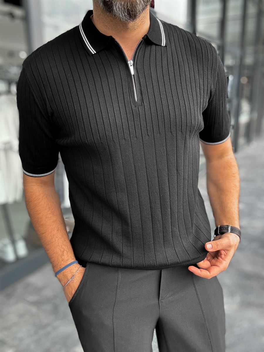 Half-Zip Ribbed Polo Neck T-Shirt