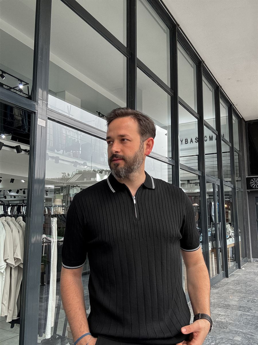 Half-Zip Ribbed Polo Neck T-Shirt