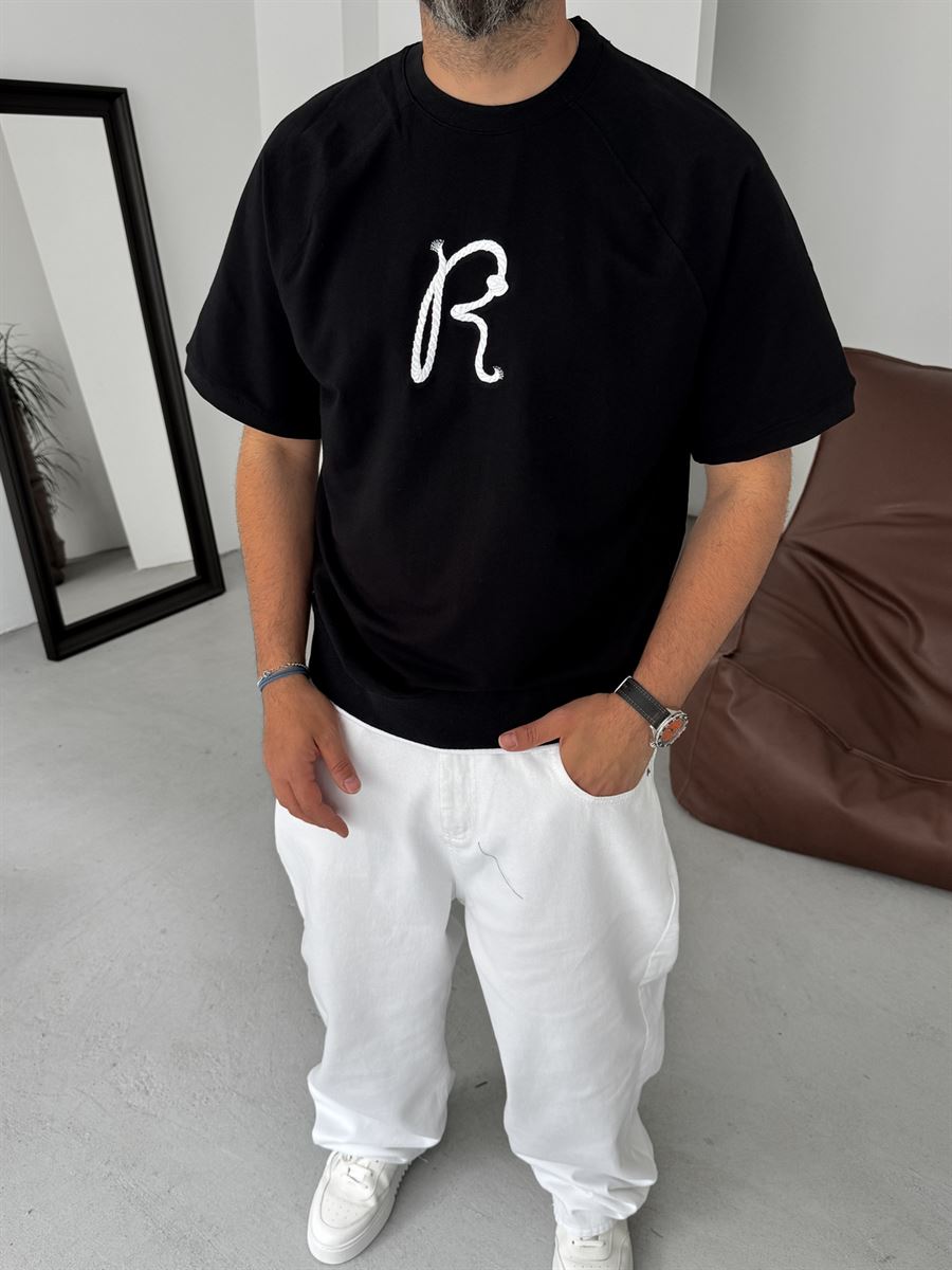 R-Embroidered Ribbed Oversize T-Shirt