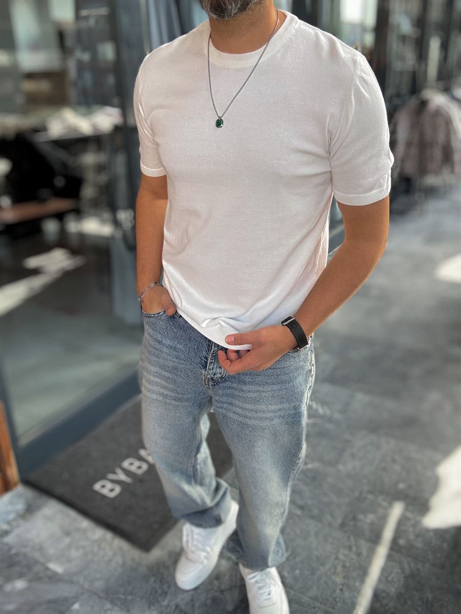 White Basic Knitwear T-Shirt G-16360