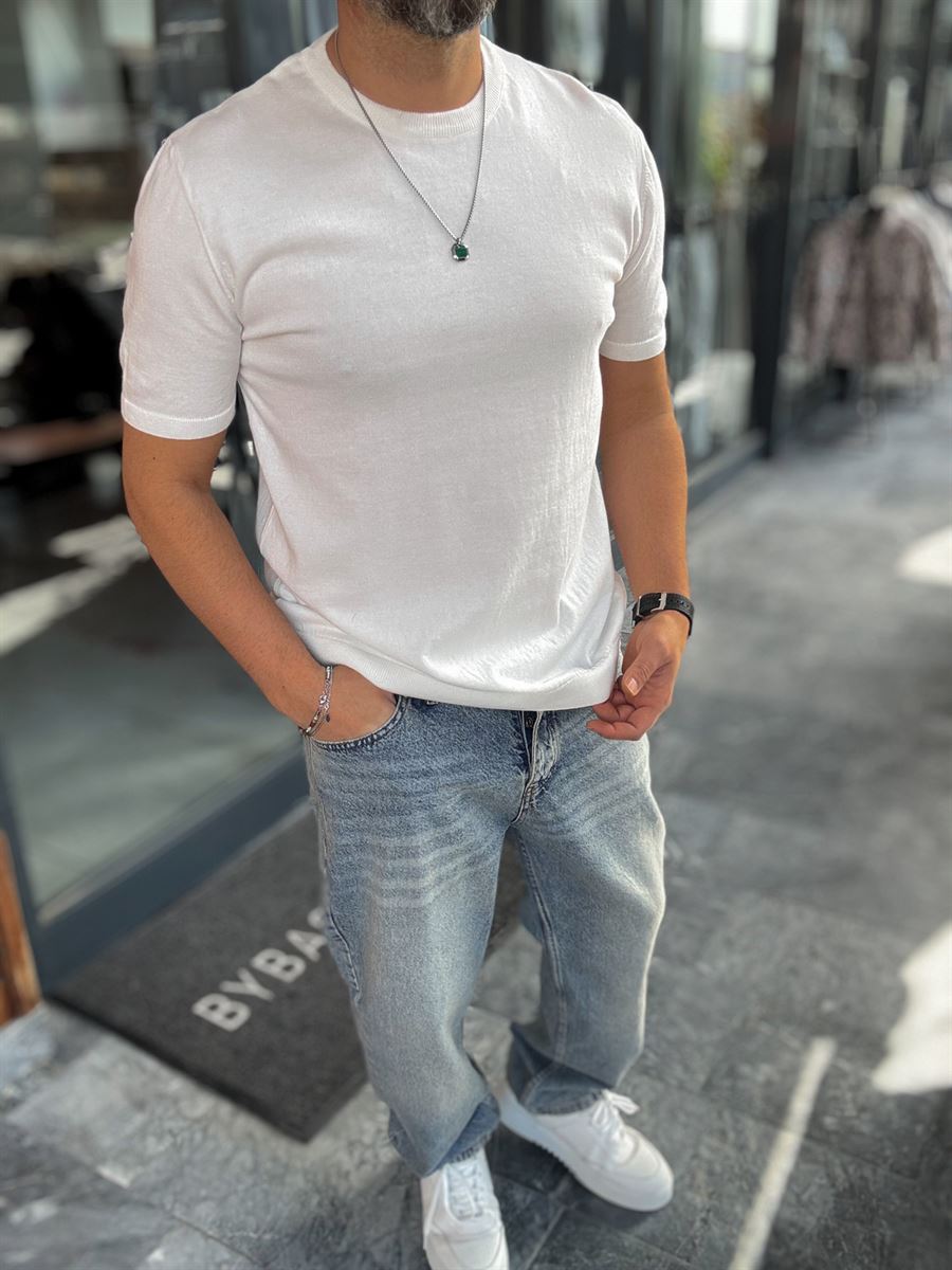 White Basic Knitwear T-Shirt G-16360