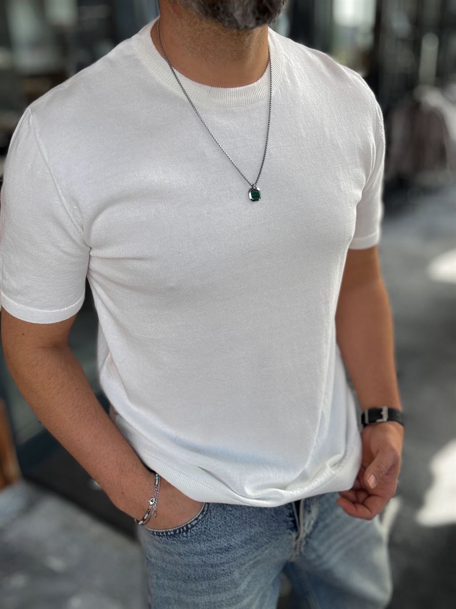 White Basic Knitwear T-Shirt G-16360