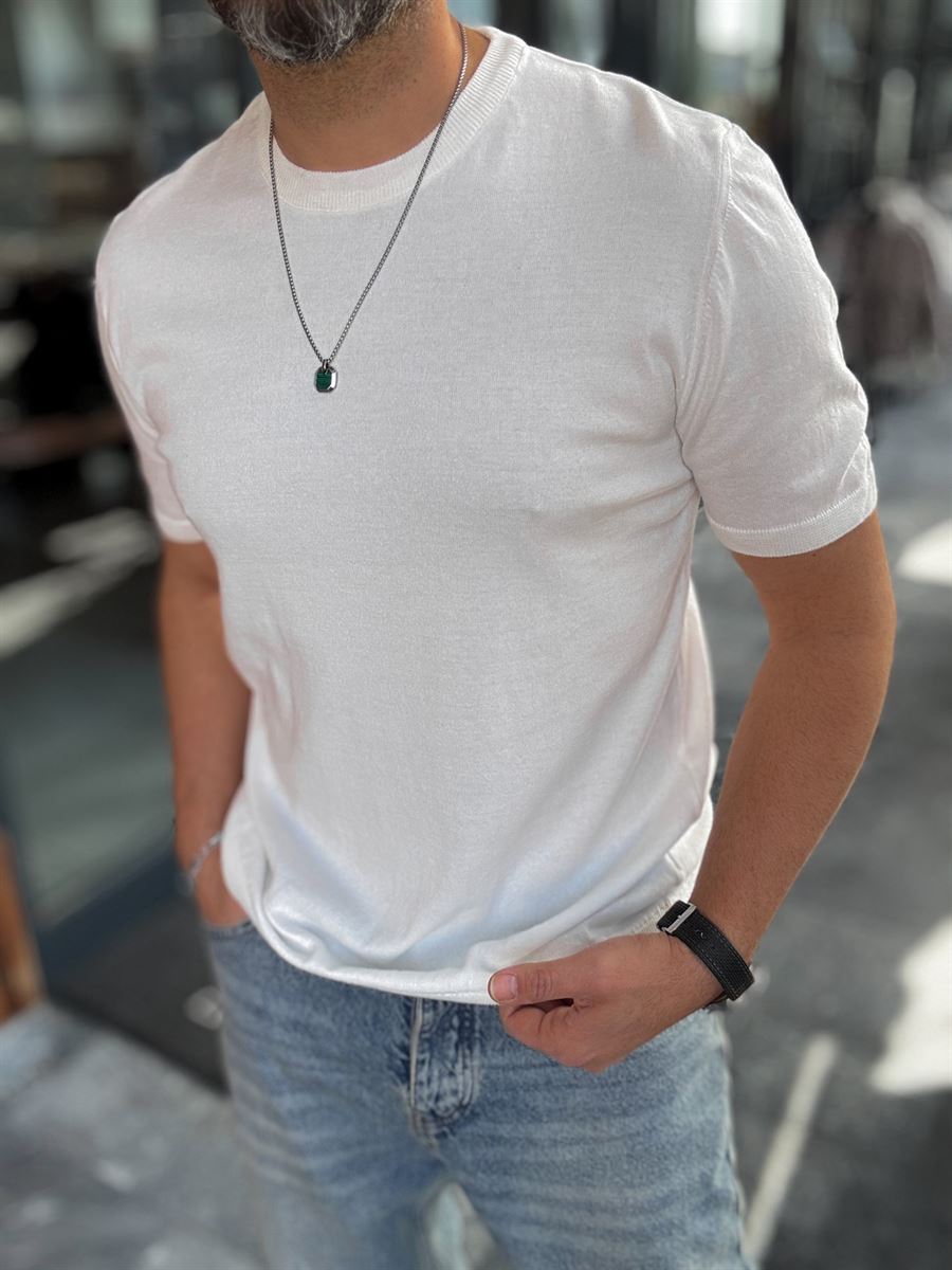 White Basic Knitwear T-Shirt G-16360