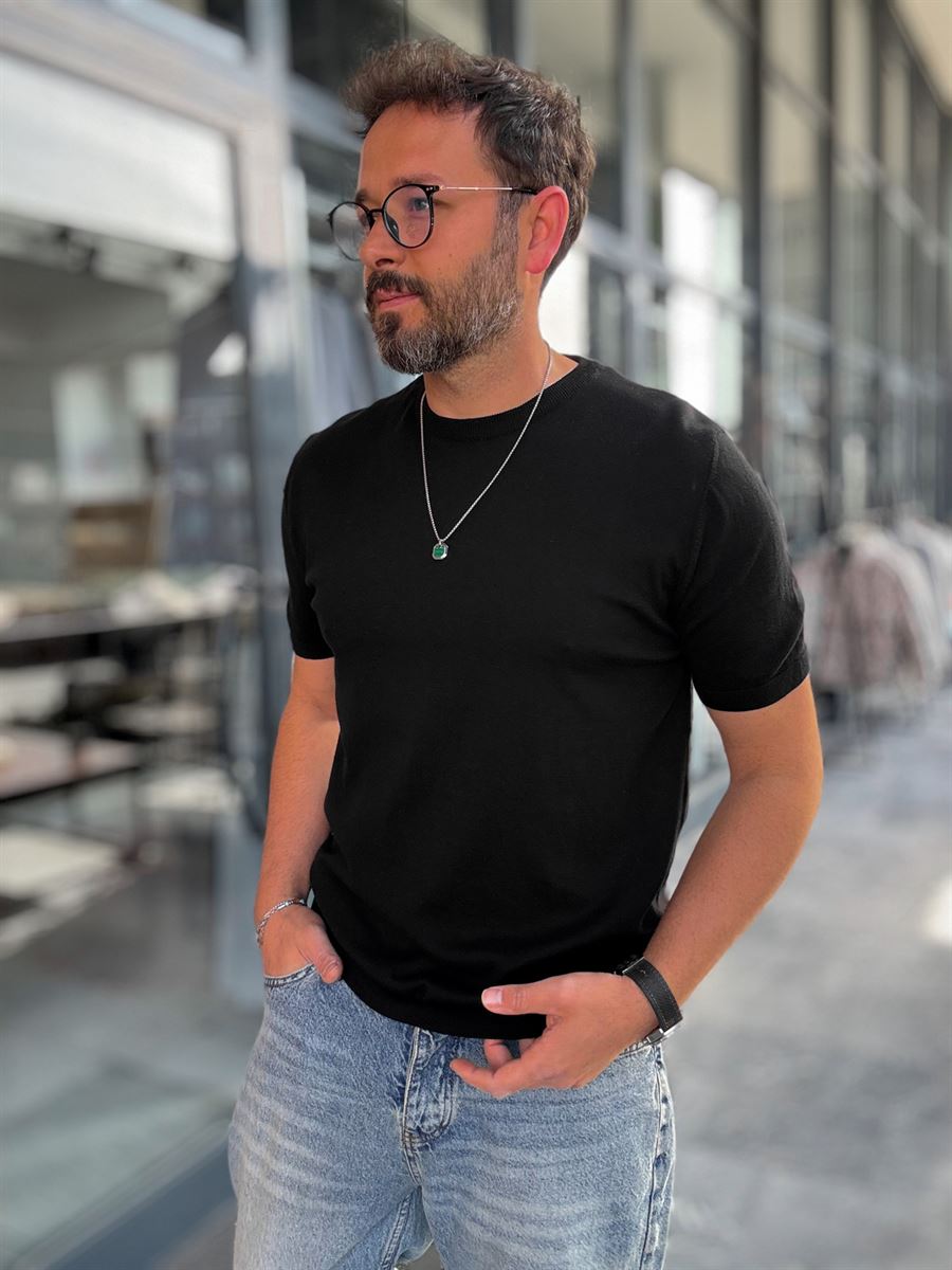 Black Basic Knitwear T-Shirt G-16360