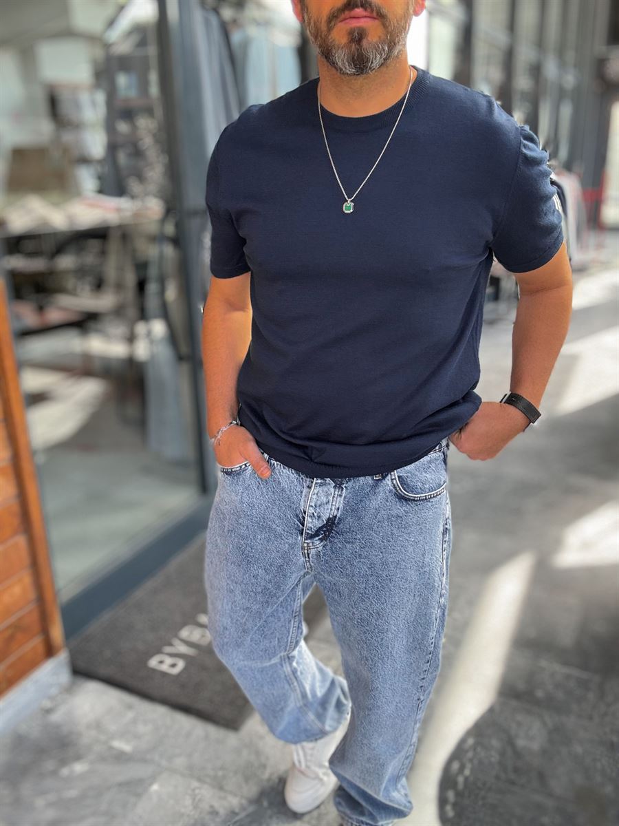 Navy Blue Basic Knitwear T-Shirt G-16360