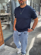 Navy Blue Basic Knitwear T-Shirt G-16360