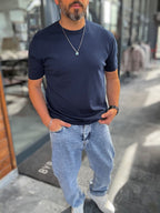Navy Blue Basic Knitwear T-Shirt G-16360
