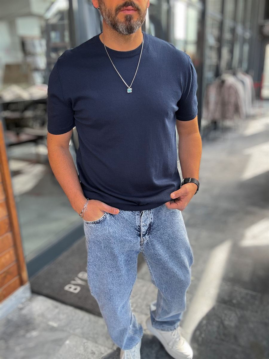 Navy Blue Basic Knitwear T-Shirt G-16360