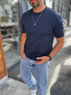 Navy Blue Basic Knitwear T-Shirt G-16360