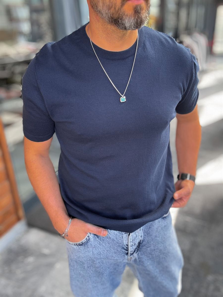 Navy Blue Basic Knitwear T-Shirt G-16360
