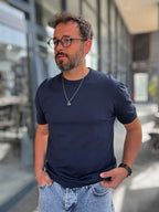 Navy Blue Basic Knitwear T-Shirt G-16360