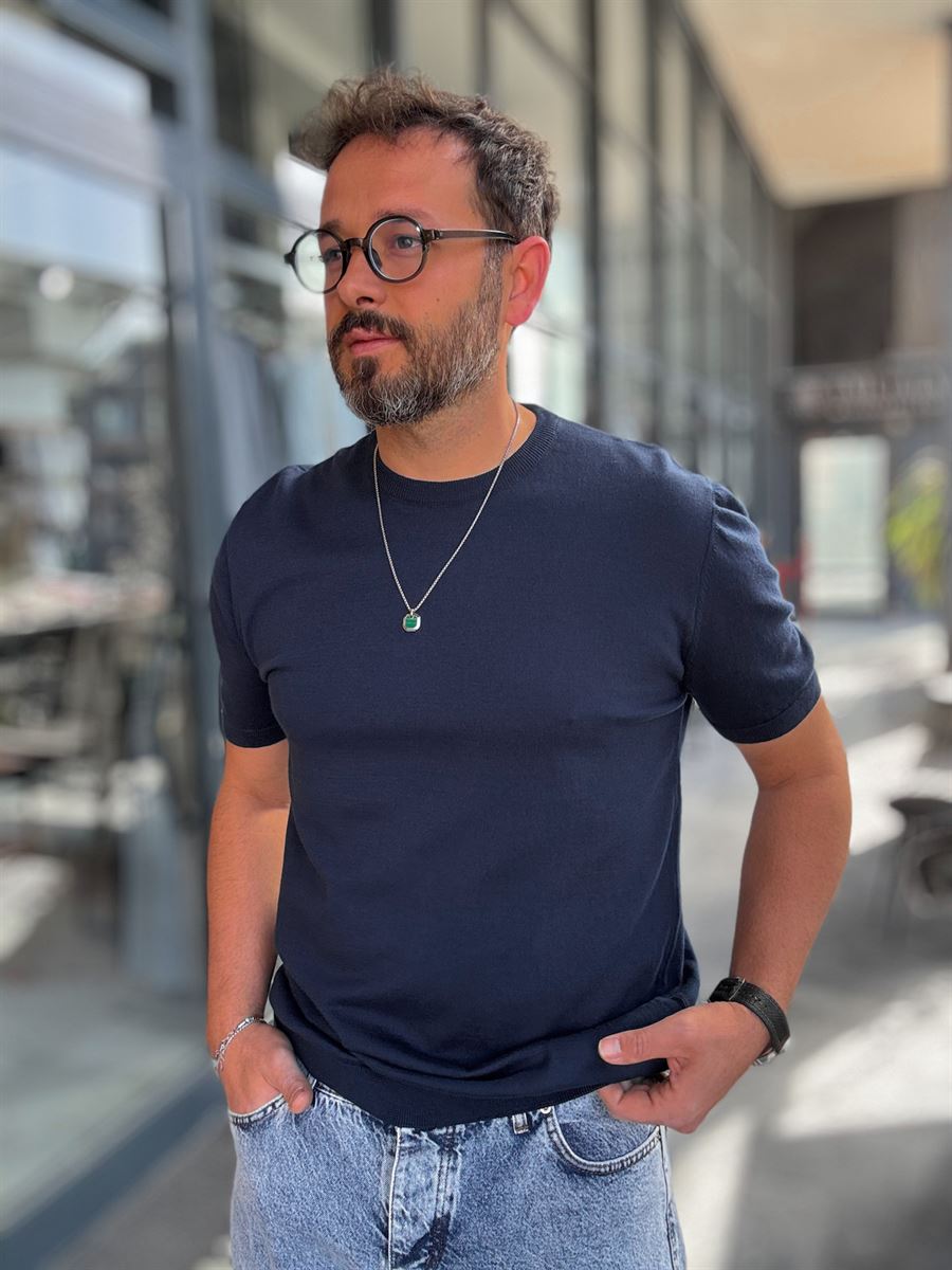 Navy Blue Basic Knitwear T-Shirt G-16360